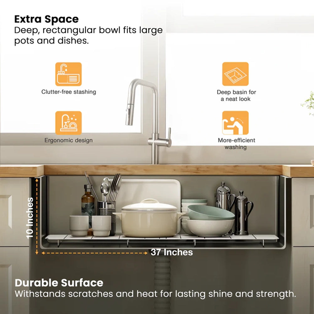 Handmade Stainless Steel Single Bowl Kitchen Sink with Drainboard (37 x 18 x 10 Inches) – Matt Steel