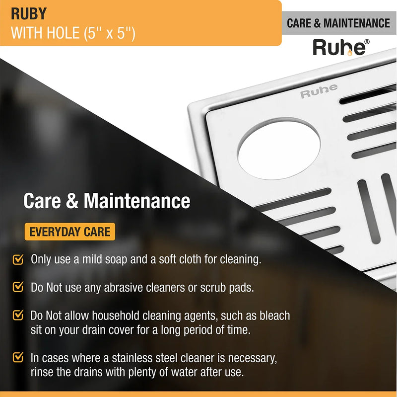 Ruby Square 304 Grade Floor Drain with Hole (5 x 5 Inches) - by Ruhe