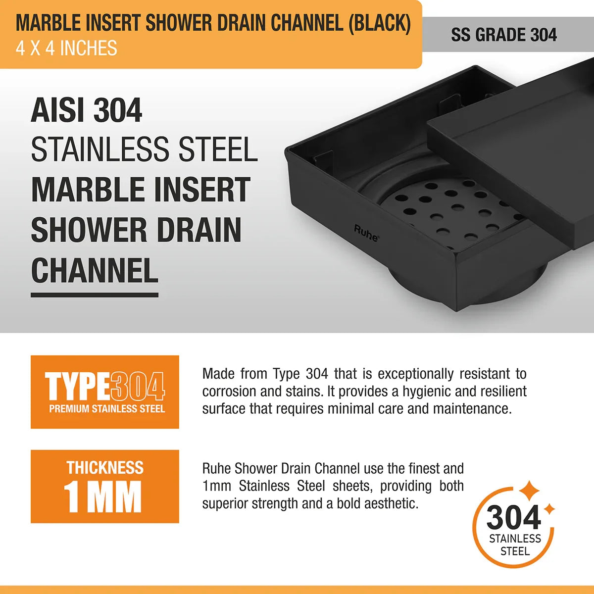 Marble-Insert Shower Drain Channel (4 x 4 Inches)