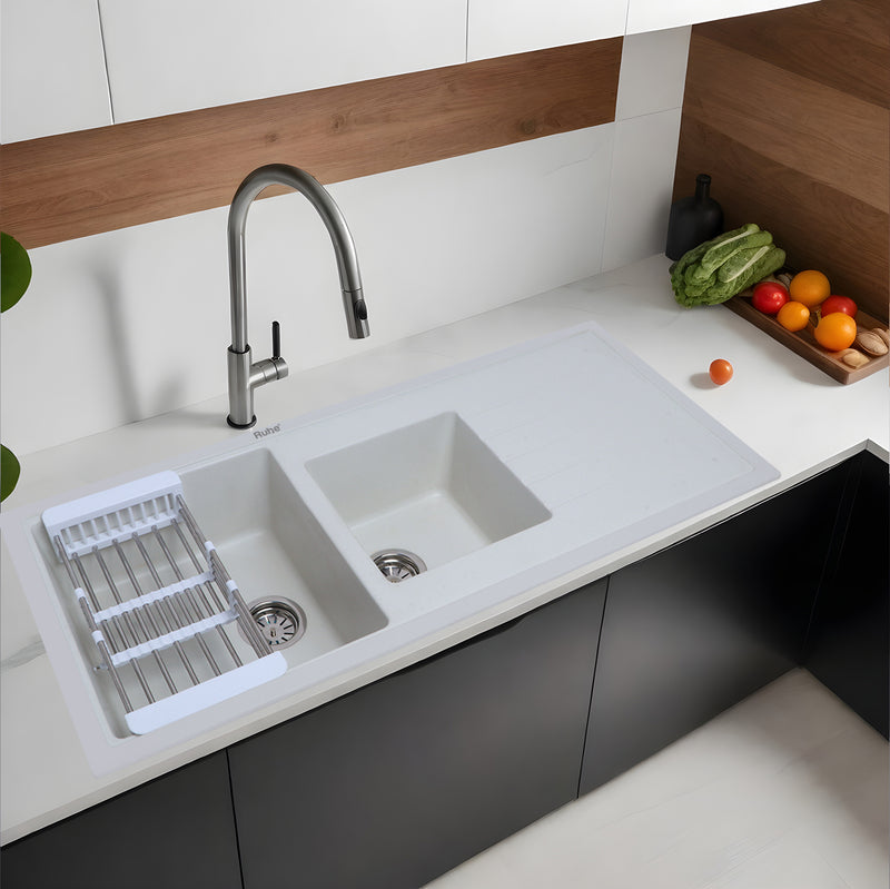 Quartz Double Bowl with Drainboard Kitchen Sink Crystal White (45 x 20 x 9 inches)