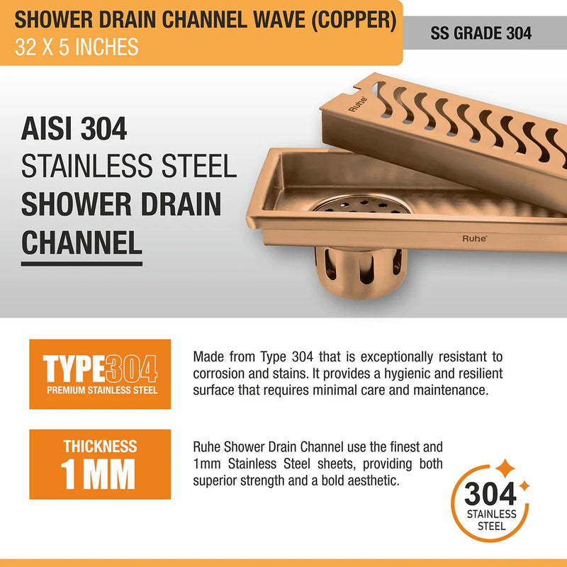Wave Shower Drain Channel (32 x 5 Inches) Antique Copper PVD Coated - by Ruhe