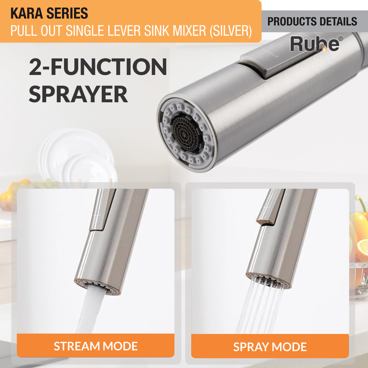 Kara Pull-out Kitchen Sink Mixer Tap with Dual Flow (Silver) 304-Grade SS - by Ruhe®