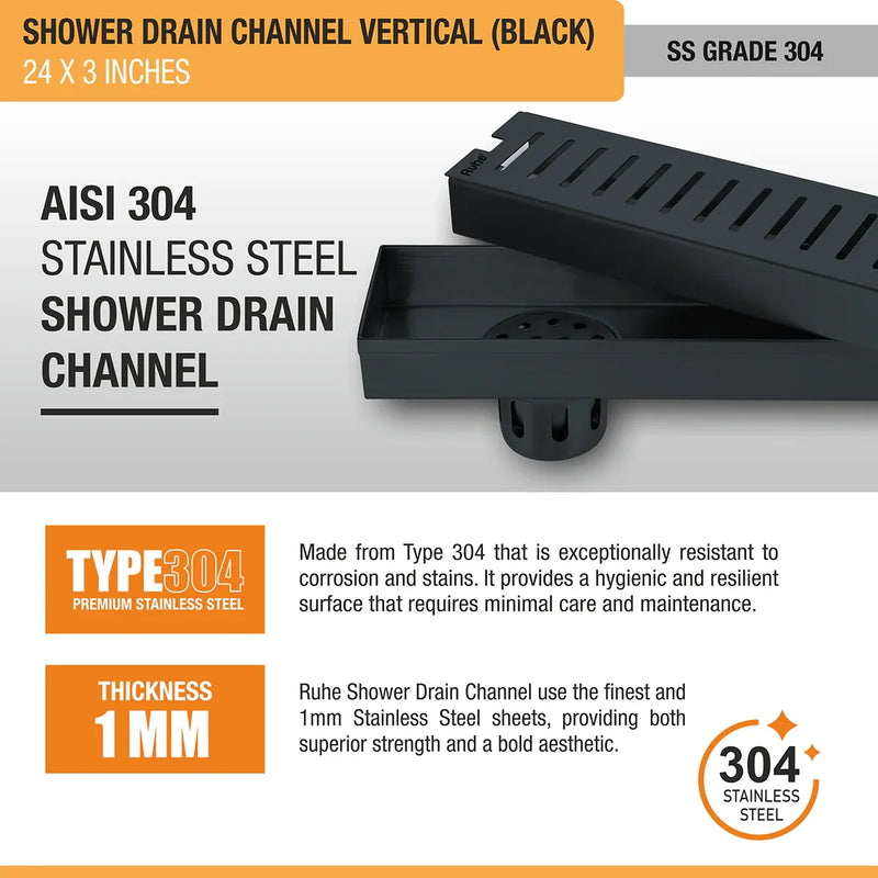 Vertical Shower Drain Channel (24 x 3 Inches) Black PVD Coated - by Ruhe