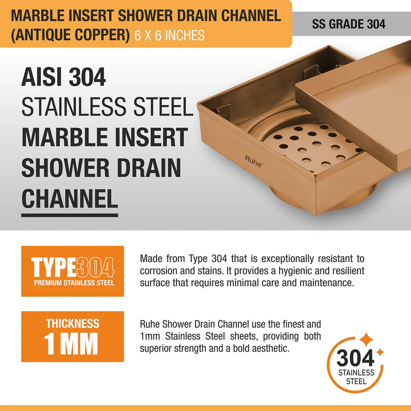 Marble Insert Shower Drain Channel (6 x 6 Inches) Antique Copper PVD Coated - by Ruhe