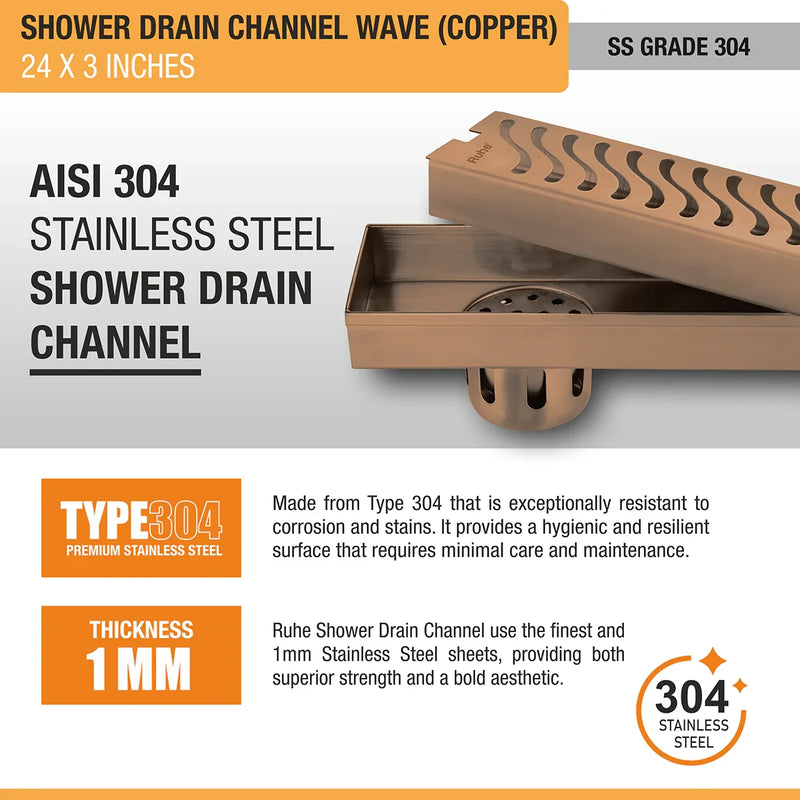 Wave Shower Drain Channel (24 x 3 Inches) Antique Copper PVD Coated - by Ruhe