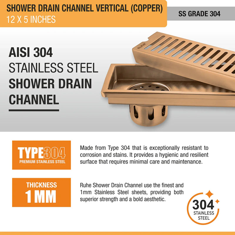 Vertical Shower Drain Channel (12 x 5 Inches) Antique Copper PVD Coated - by Ruhe
