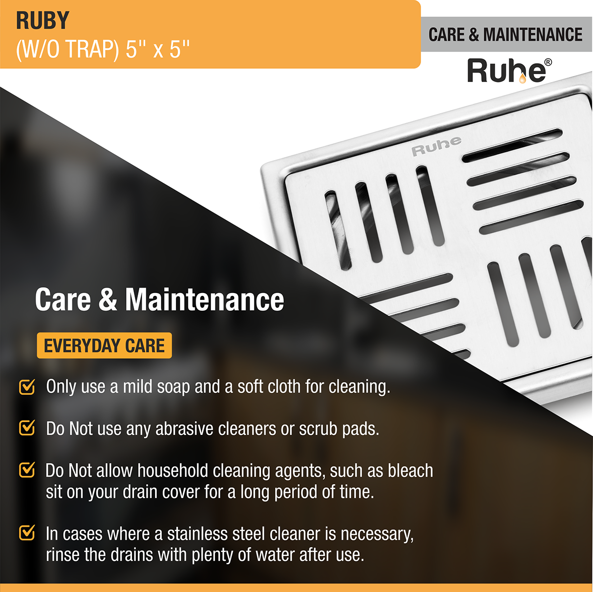 Ruby Square 304-Grade Floor Drain (5 x 5 Inches) - by Ruhe®