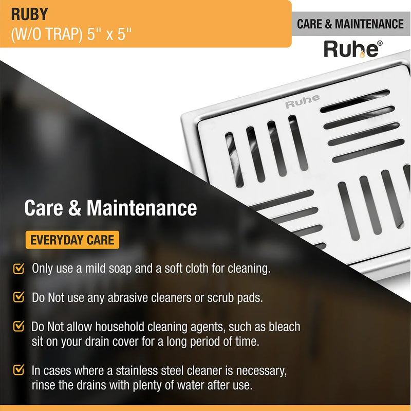Ruby Square 304-Grade Floor Drain (5 x 5 Inches) - by Ruhe