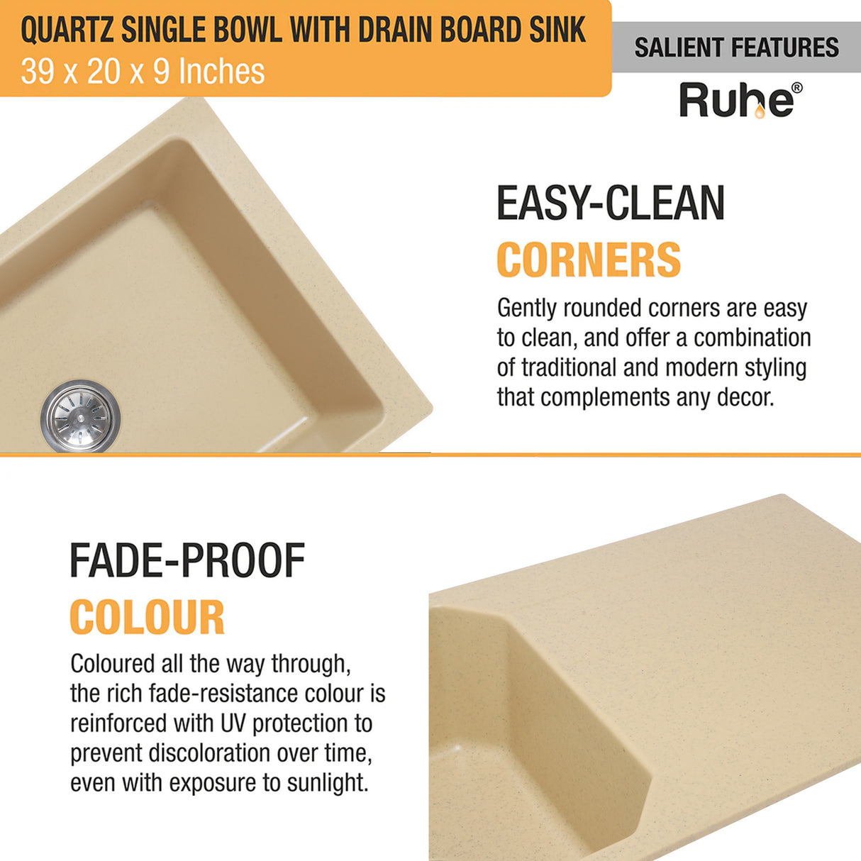 Quartz Single Bowl with Drainboard Kitchen Sink - Sand Choco (39 x 20 x 9 inches) - by Ruhe