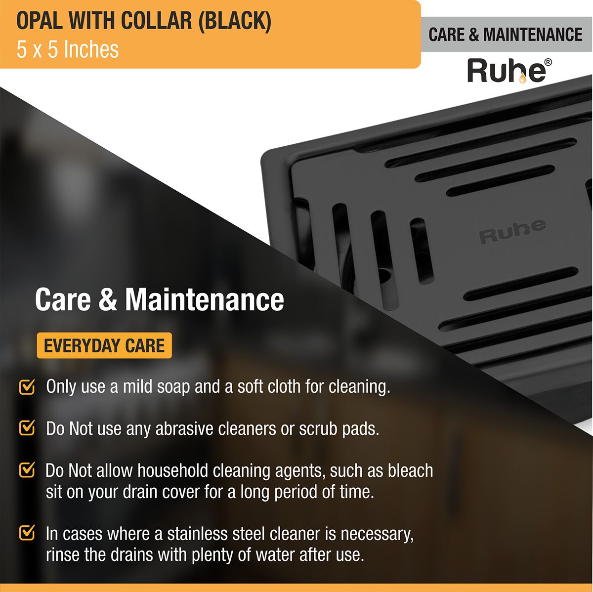 Opal Square 304-Grade Floor Drain in Black PVD Coating (5 x 5 Inches) - by Ruhe