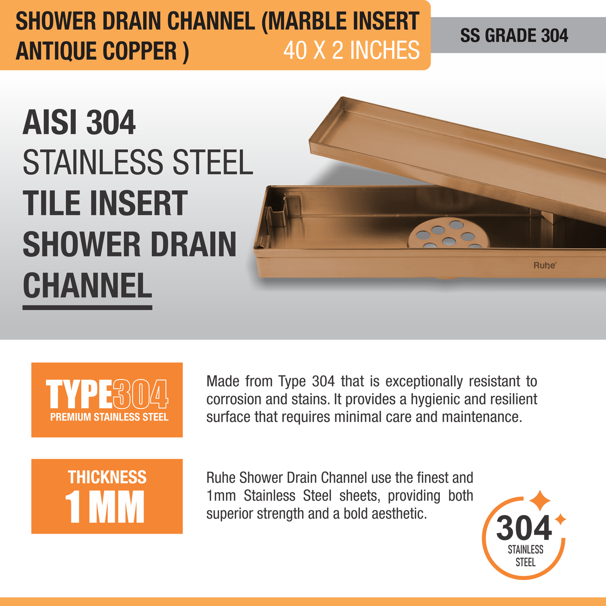 Marble-Insert Shower Drain Channel (2 Inches)