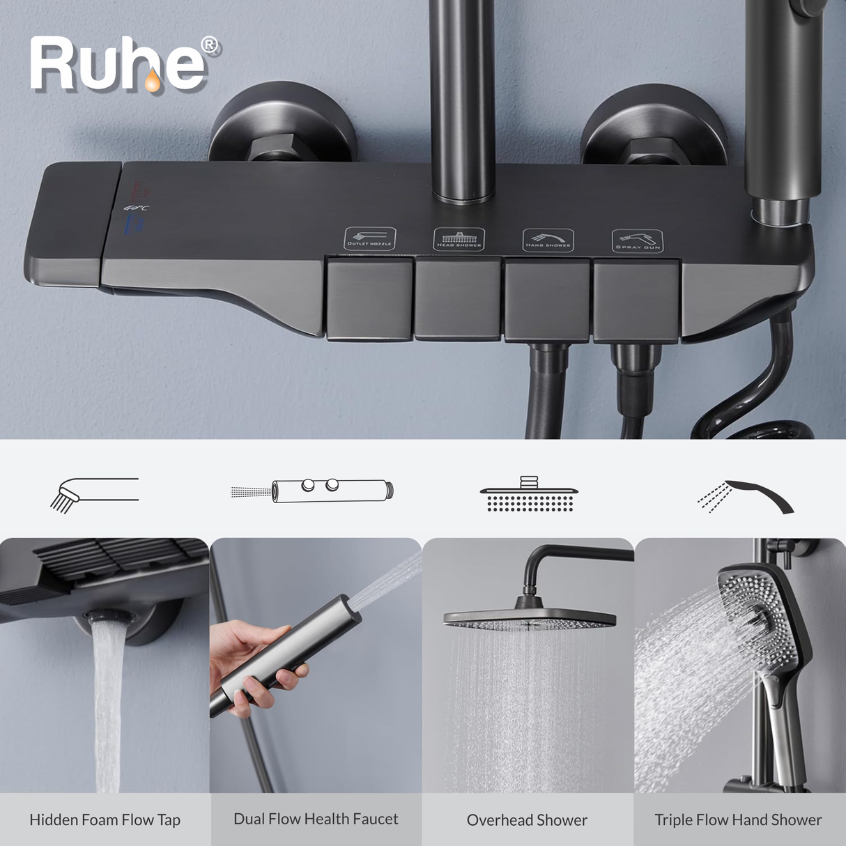 Drizzle 4-in-1 Piano Shower Panel Complete Set including Overhead Shower, Multi-flow Hand Shower & Health Faucet - by Ruhe