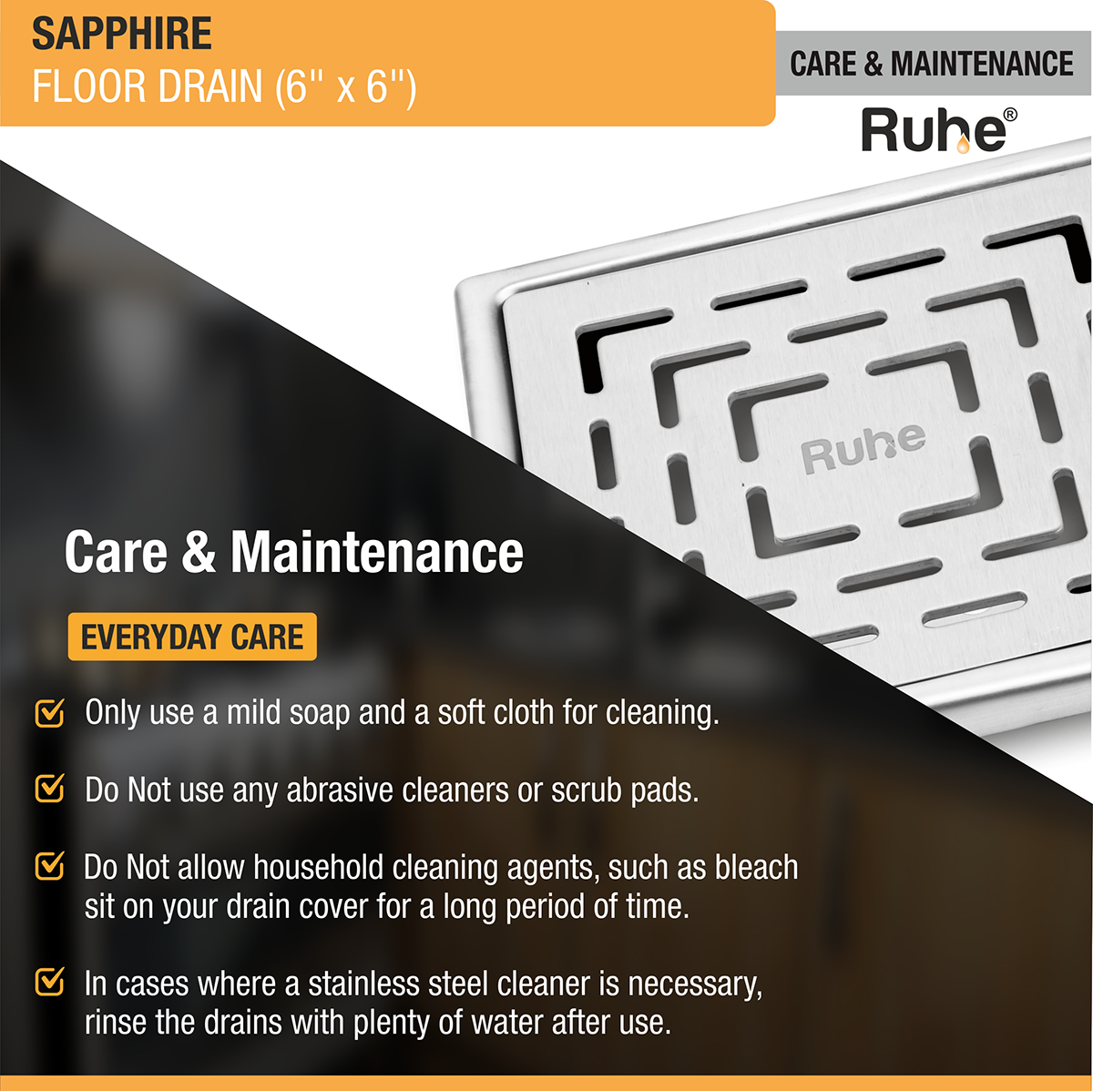 Sapphire Square 304-Grade Floor Drain (6 x 6 Inches) - by Ruhe®