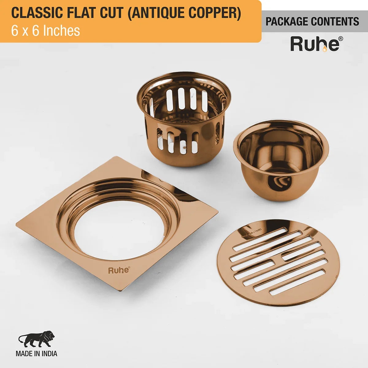Classic Square Flat Cut Floor Drain in Antique Copper PVD Coating (6 x 6 Inches) - by Ruhe