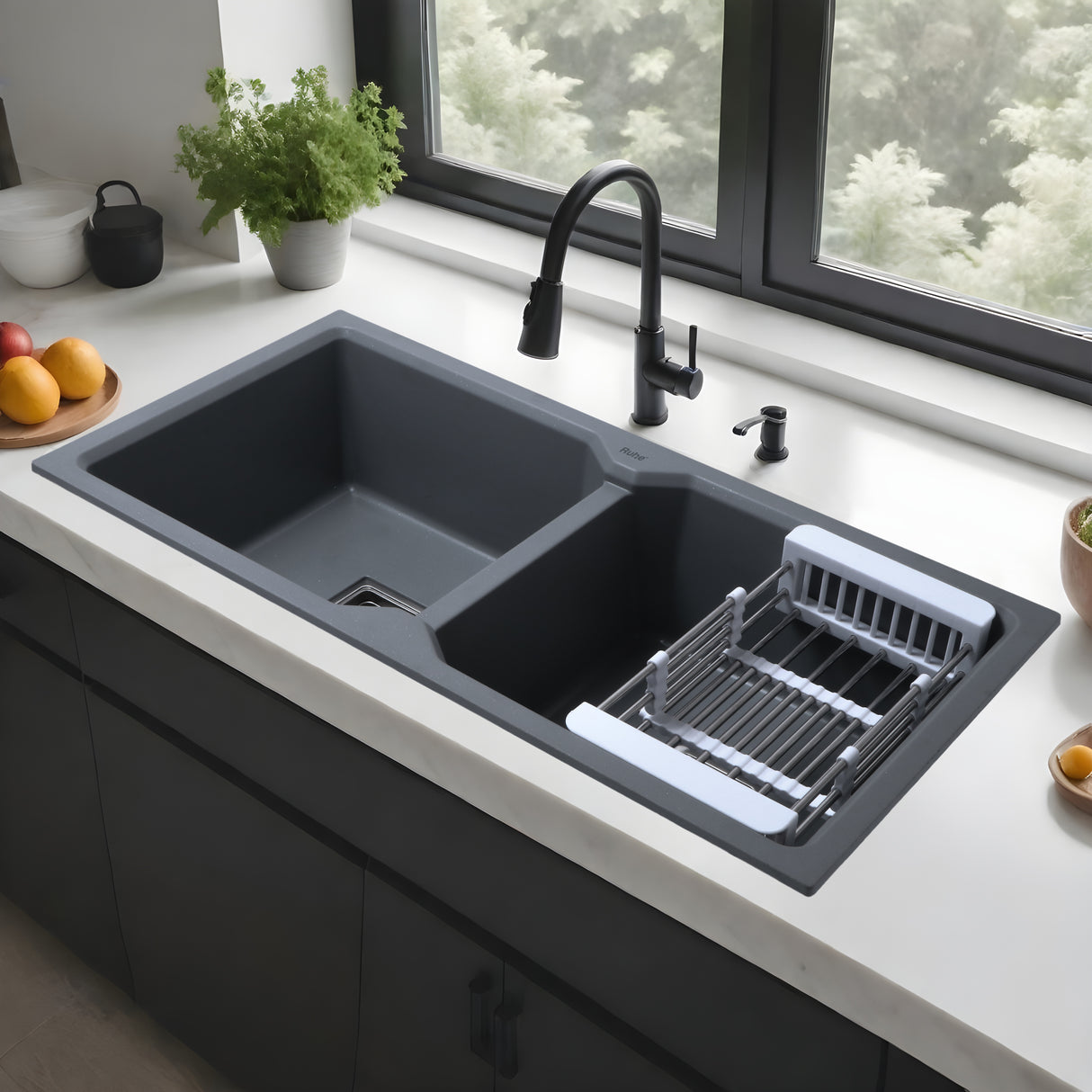 Quartz Double Bowl Kitchen Sink - Smoke Grey (37 x 18 x 9 inches) - by Ruhe®