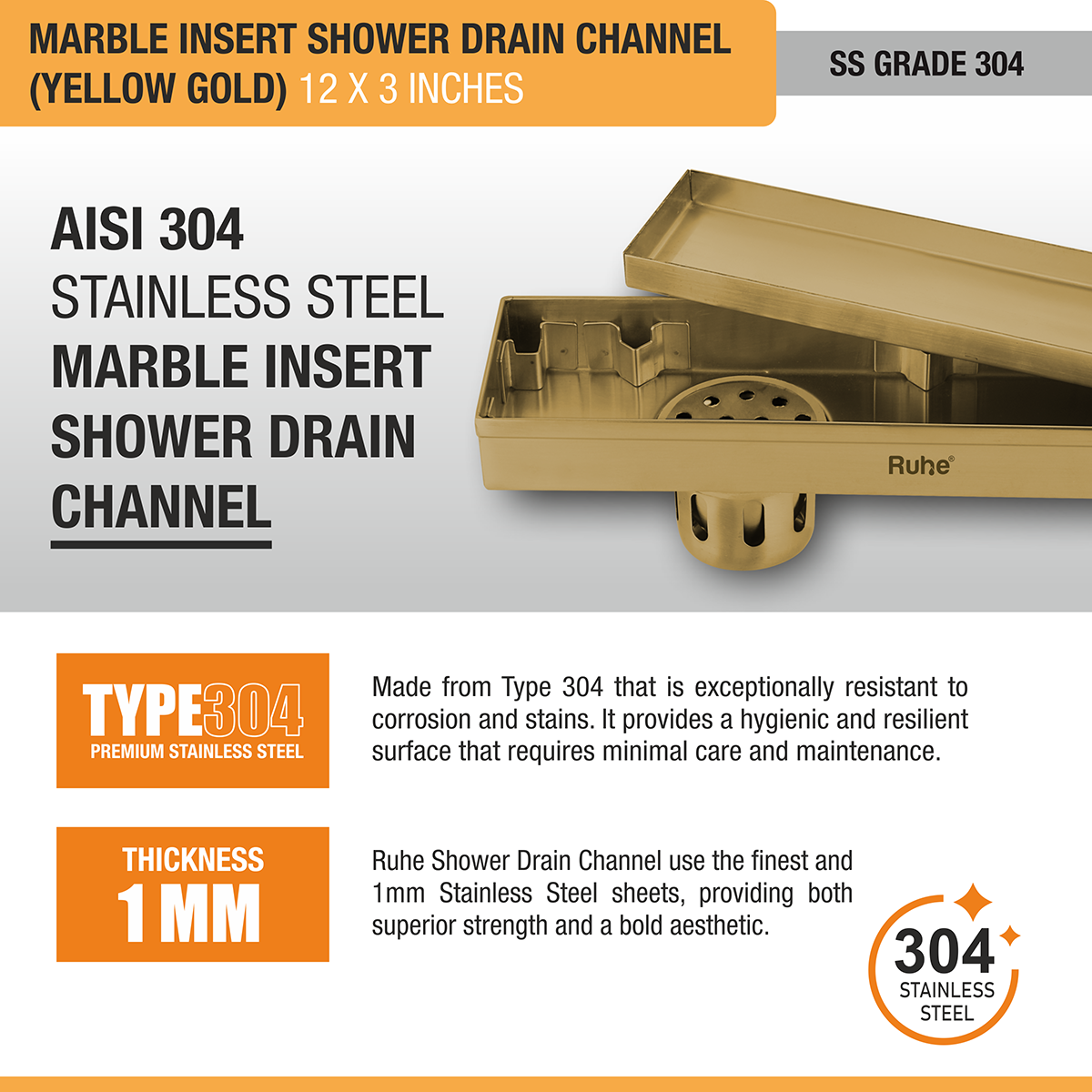 Marble Insert Shower Drain Channel (12 x 3 Inches) YELLOW GOLD PVD Coated stainless steel