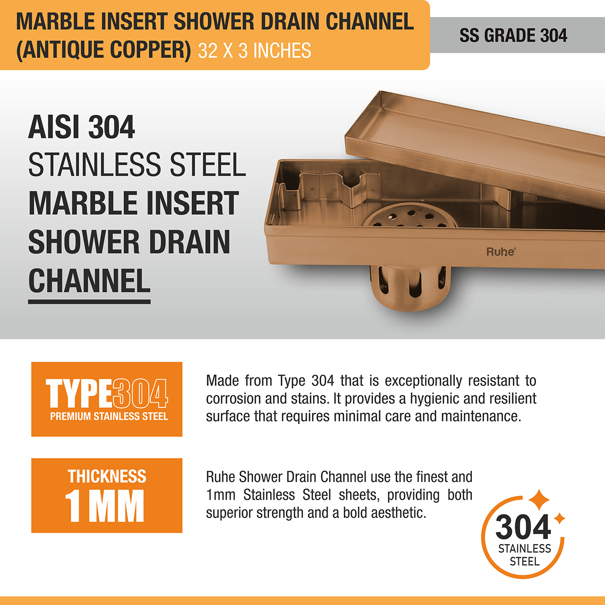 Marble Insert Shower Drain Channel (32 x 3 Inches) ROSE GOLD PVD Coated stainless steel