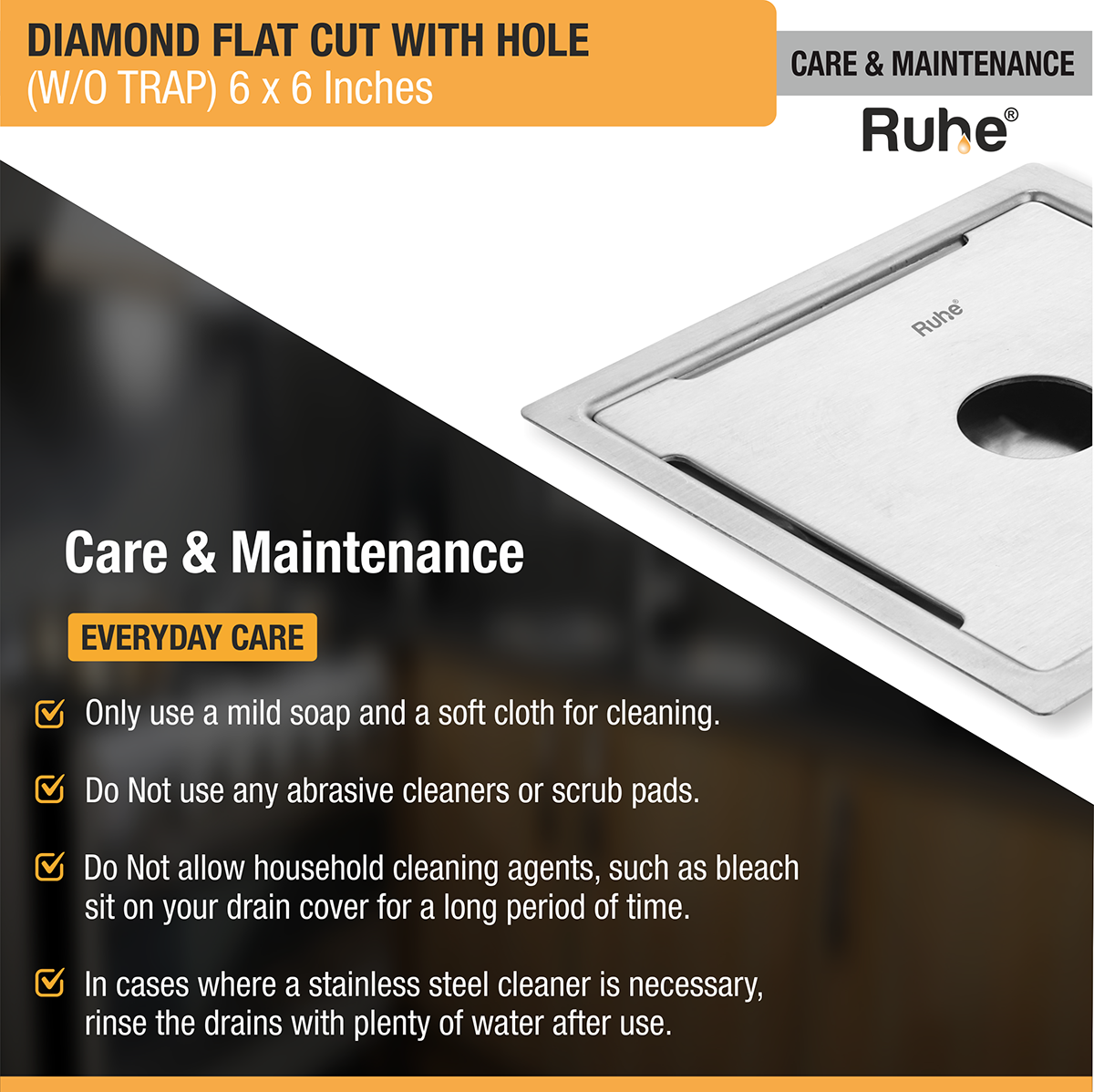 Diamond Square Flat Cut 304-Grade Floor Drain with Hole (6 x 6 Inches) care and maintenance