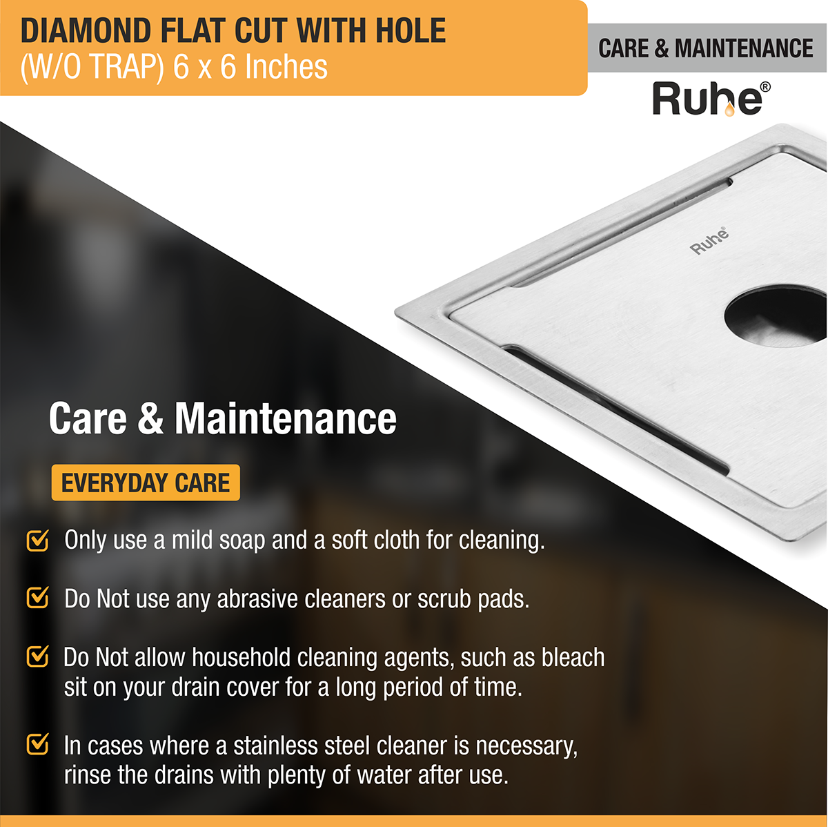 Diamond Square Flat Cut 304-Grade Floor Drain with Hole (6 x 6 Inches)  - by Ruhe