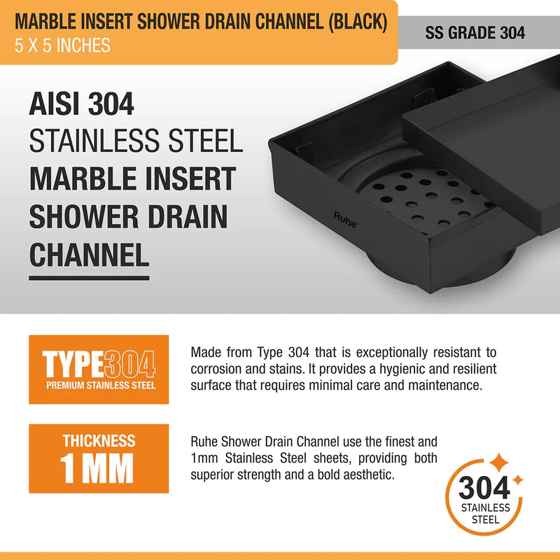 Marble-Insert Shower Drain Channel (5 x 5 Inches)