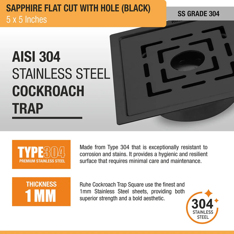 Sapphire Square Flat Cut Floor Drain in Black PVD Coating (5 x 5 Inches) with Hole - by Ruhe