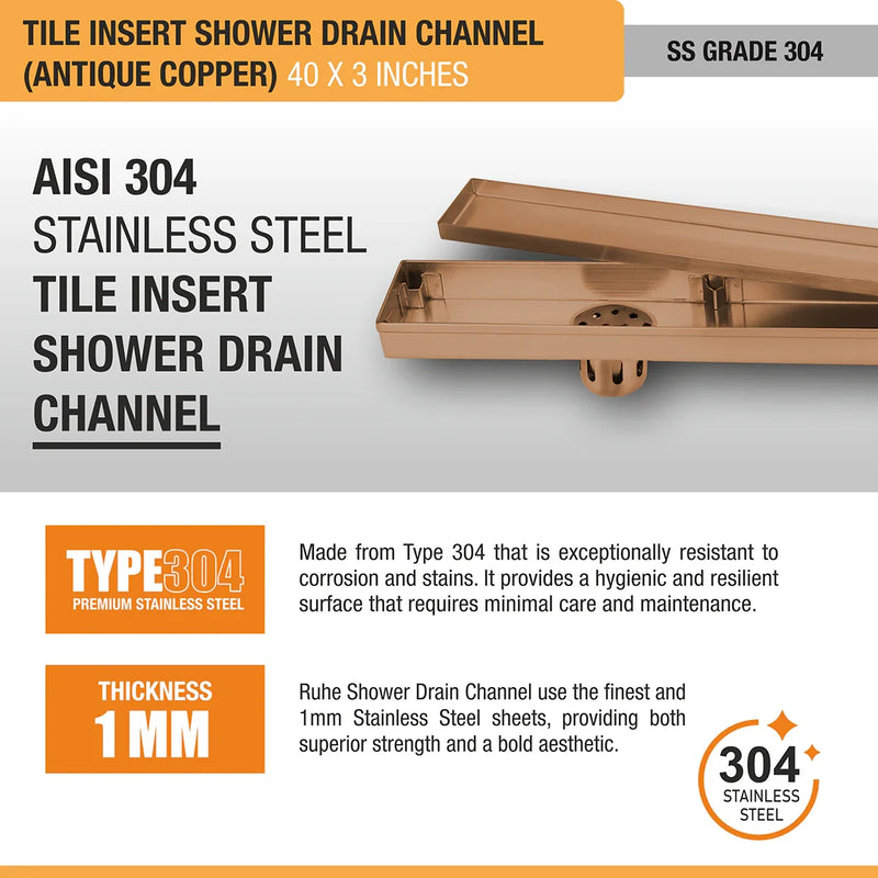 Tile Insert Shower Drain Channel (40 x 3 Inches) Antique Copper PVD Coated - by Ruhe
