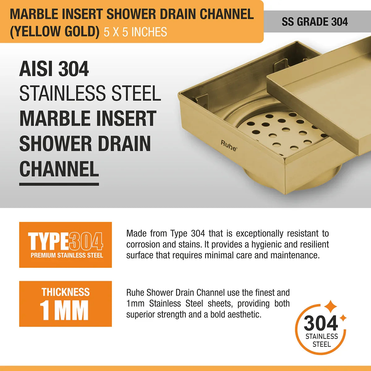 Marble-Insert Shower Drain Channel (5 x 5 Inches)