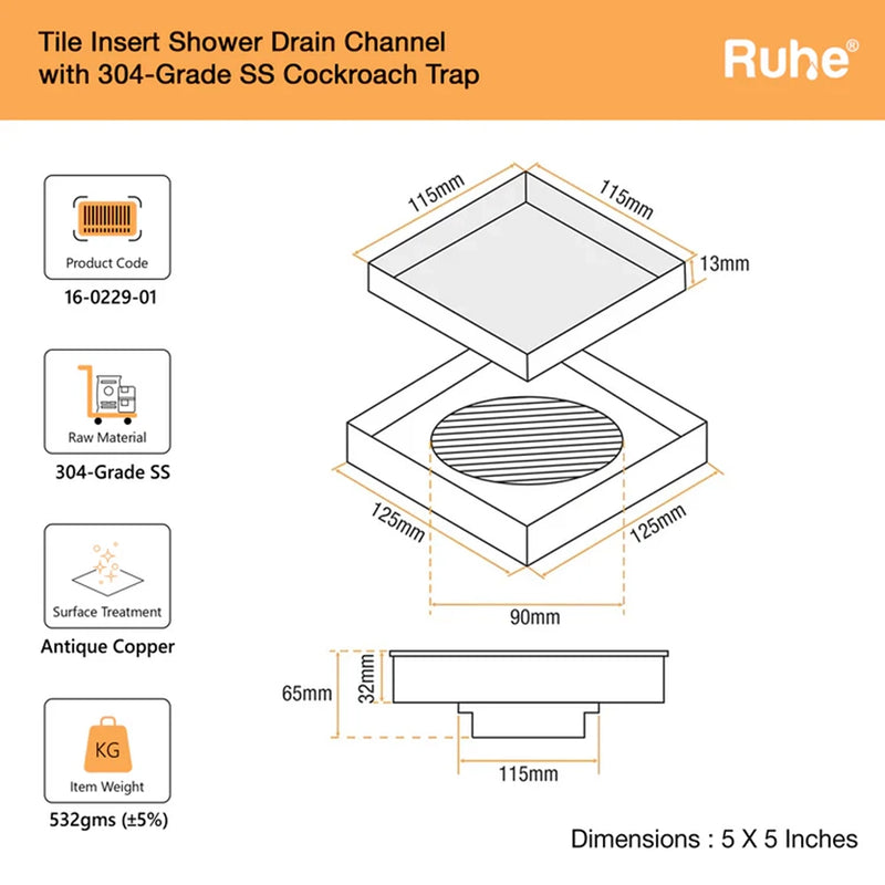 Tile-Insert Shower Drain Channel (5 x 5 Inches)