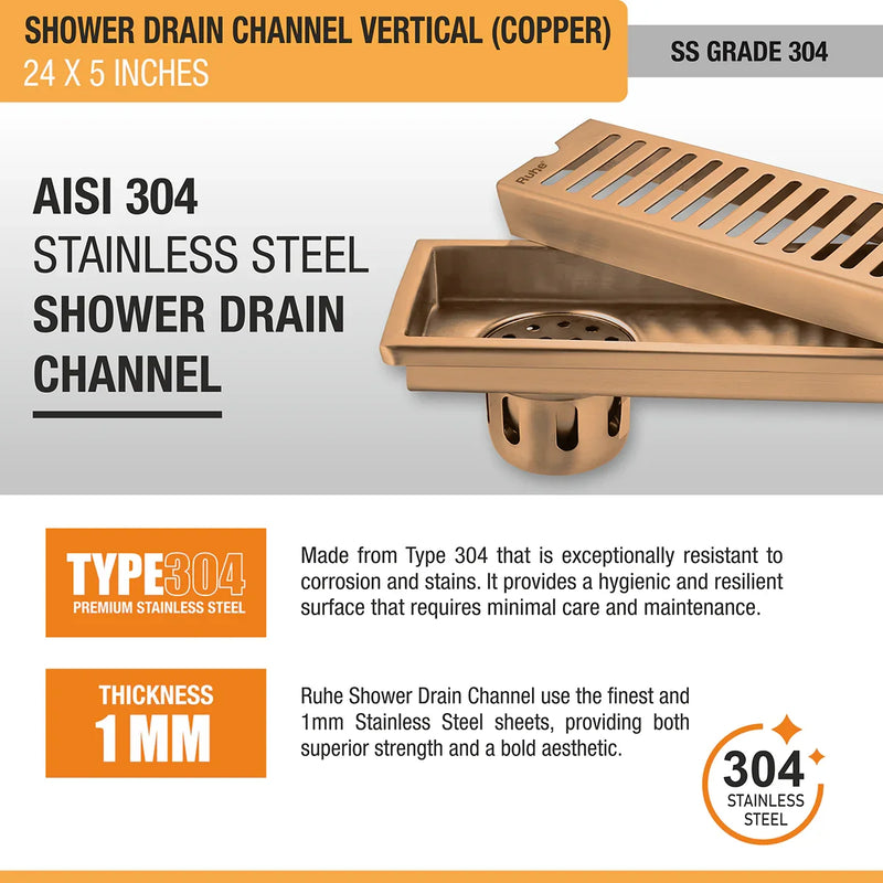 Vertical Shower Drain Channel (24 x 5 Inches) Antique Copper PVD Coated - by Ruhe