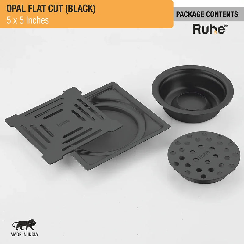 Opal Square Flat Cut Floor Drain in Black PVD Coating (5 x 5 Inches) - by Ruhe