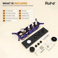 In the box: concealed body, 304-Grade face plate with 3 outlet knobs, thermostatic handle and lever, 3 push buttons, panel fixing seat, installation ruler, accessory bag, Allen Keys (L-Keys)