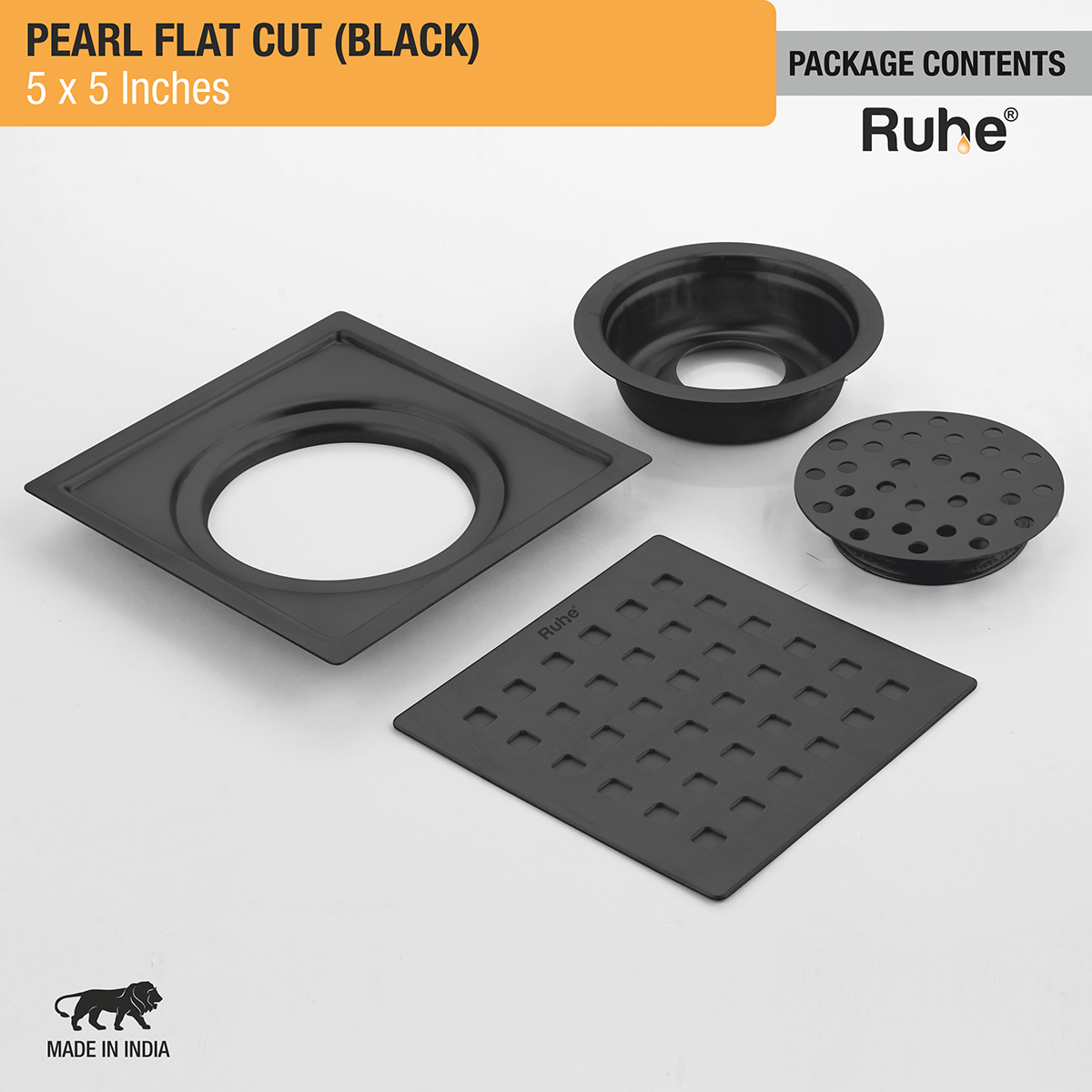 Pearl Square Flat Cut Floor Drain in Black PVD Coating (5 x 5 Inches) - by Ruhe