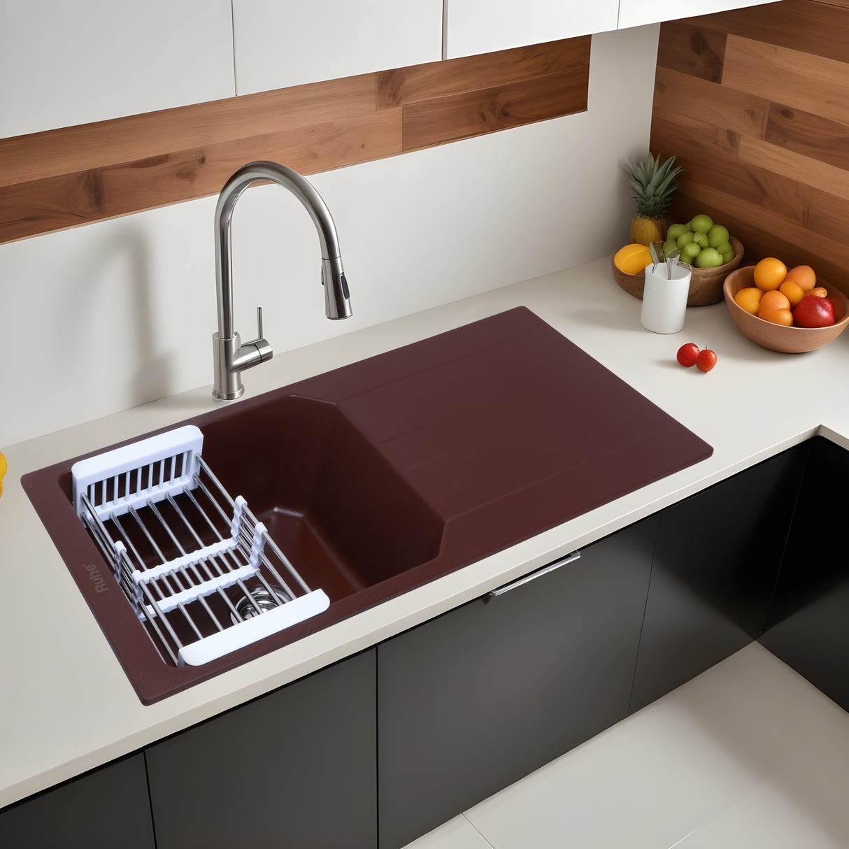 Quartz Single Bowl with Drainboard Kitchen Sink - Choco Brown (39 x 20 x 9 inches) - by Ruhe