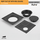 Ruby Square Flat Cut Floor Drain in Black PVD Coating (5 x 5 Inches) with Hole - by Ruhe