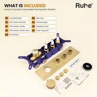 In the box: concealed body, 304-Grade face plate with 3 outlet knobs, thermostatic handle and lever, 3 push buttons, panel fixing seat, installation ruler, accessory bag, Allen Keys (L-Keys)