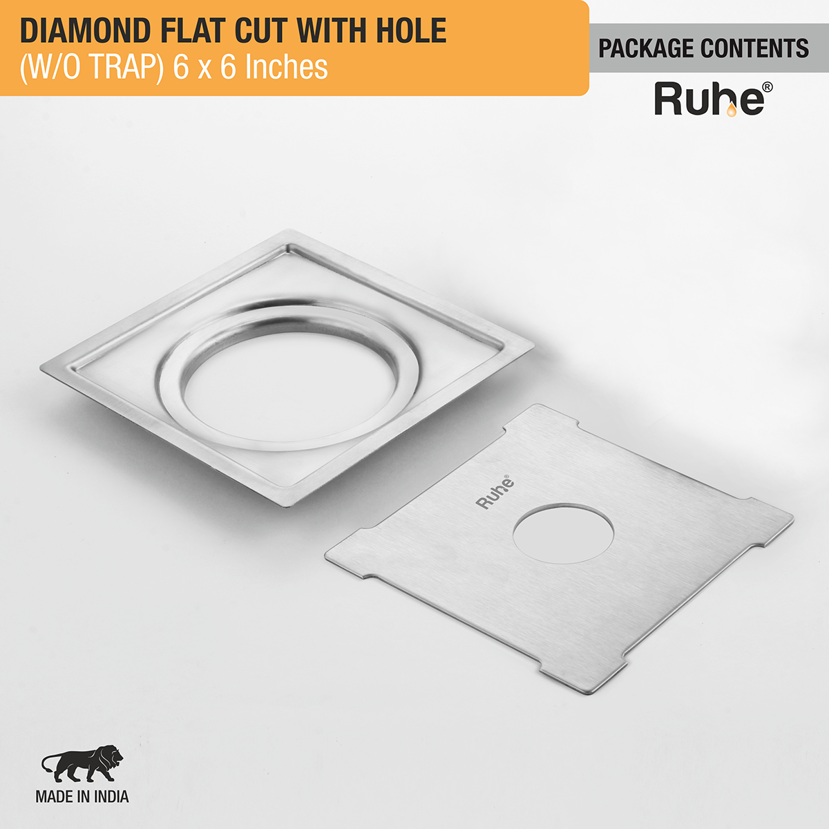 Diamond Square Flat Cut 304-Grade Floor Drain with Hole (6 x 6 Inches)  - by Ruhe