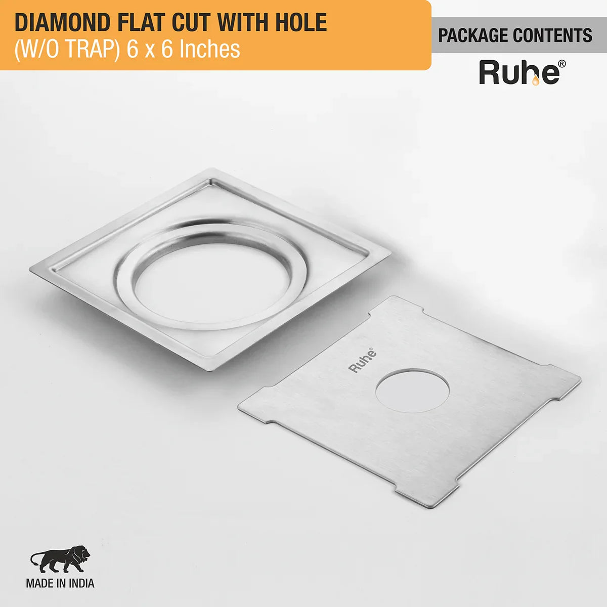 Diamond Square Flat Cut 304-Grade Floor Drain (5 x 5 Inches) - by Ruhe