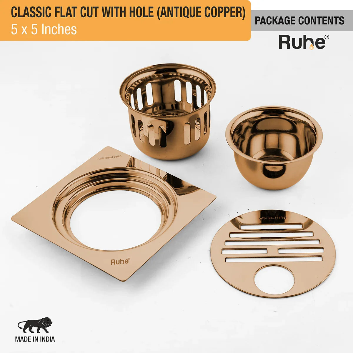 Classic Square Flat Cut Floor Drain in Antique Copper PVD Coating (5 x 5 Inches) with Hole - by Ruhe