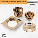Classic Square Flat Cut Floor Drain in Antique Copper PVD Coating (5 x 5 Inches) with Hole package content