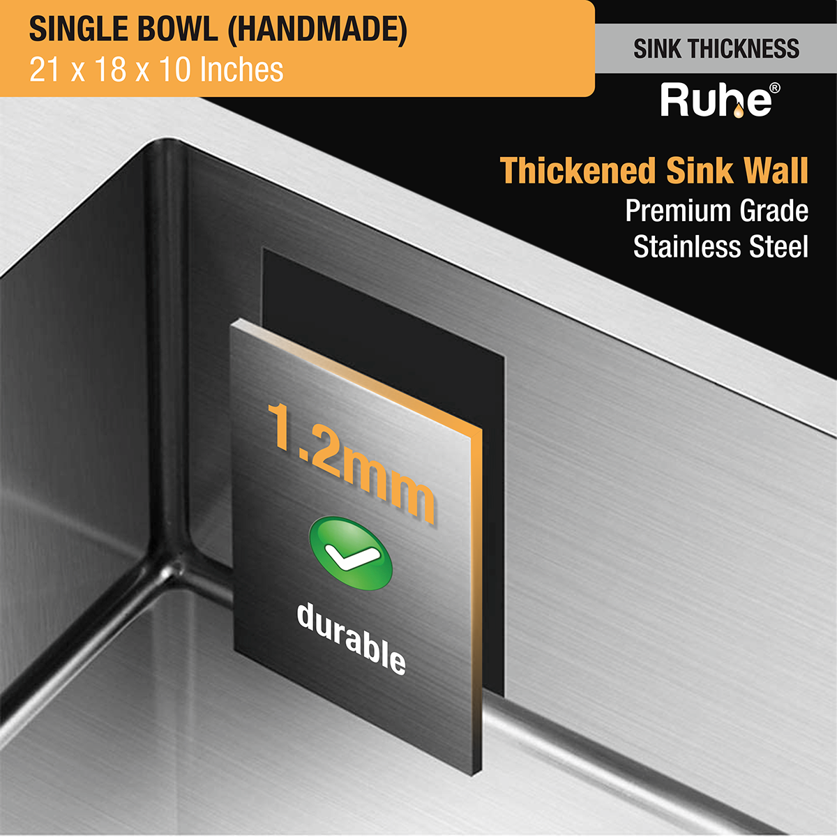 Handmade Single Bowl Premium Stainless Steel Kitchen Sink (21 x 18 x 10 Inches) 1.2 mm thickness
