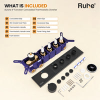 In the box: concealed body, 304-Grade face plate with 4 outlet knobs, thermostatic handle and lever, 4 push buttons, panel fixing seat, installation ruler, accessory bag, Allen Keys (L-Keys)