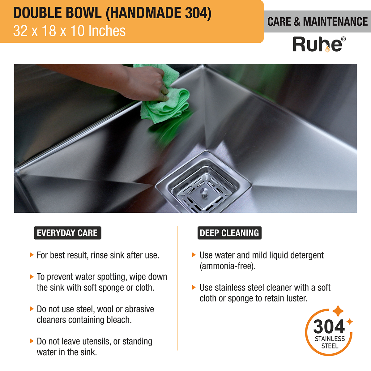 Handmade Double Bowl 304-Grade Kitchen Sink (32 x 18 x 10