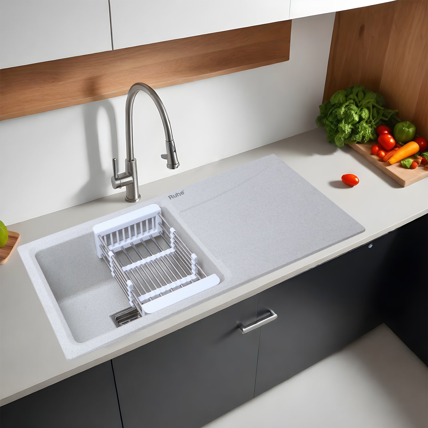 Quartz Single Bowl with Drainboard Kitchen Sink (36 x 18 x 9
