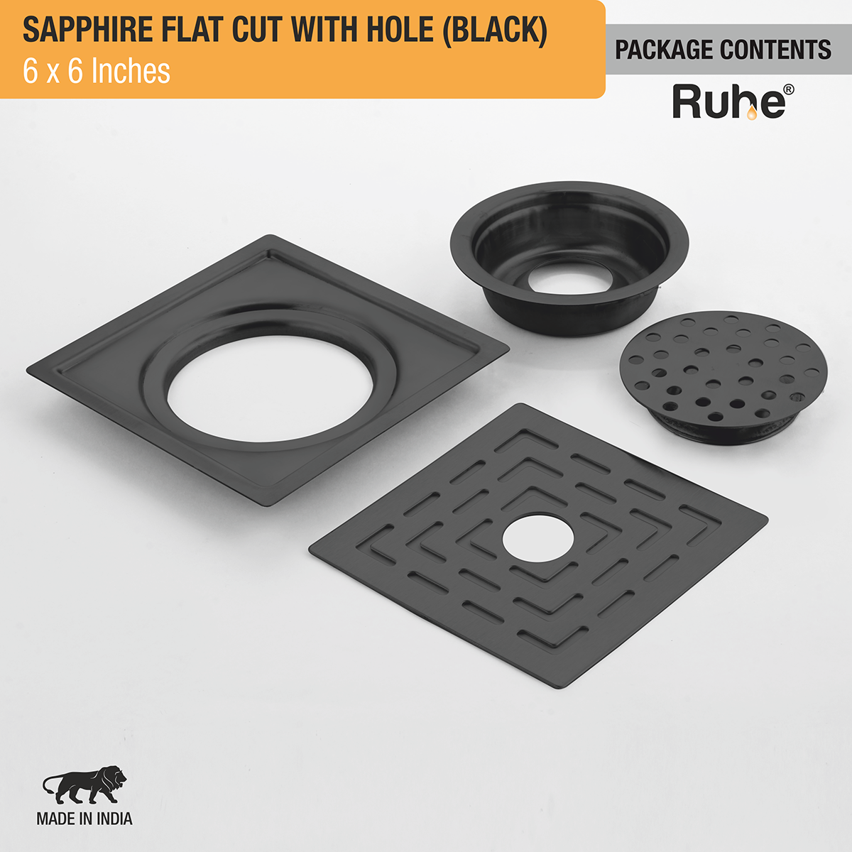 Sapphire Square Flat Cut Floor Drain in Black PVD Coating (6 x 6 Inches) with Hole - by Ruhe