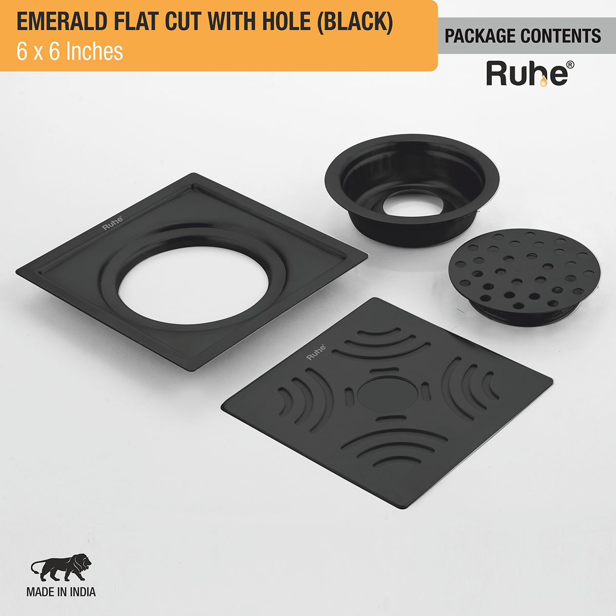 Emerald Square Flat Cut Floor Drain in Black PVD Coating (6 x 6 Inches) with Hole - by Ruhe