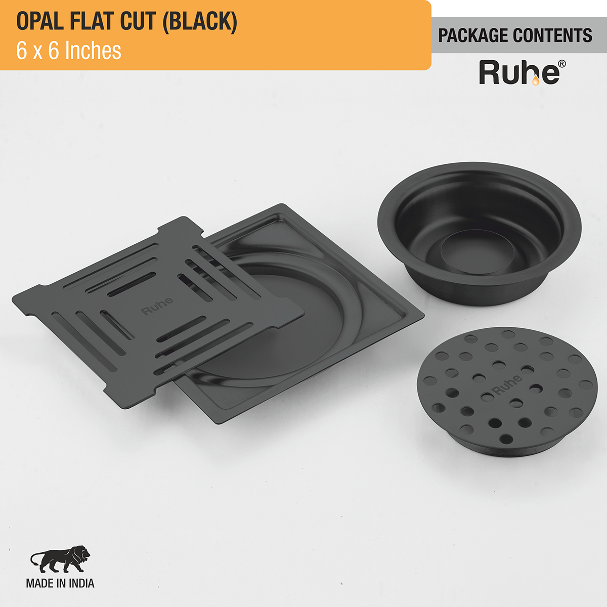 Opal Square Flat Cut Floor Drain in Black PVD Coating (6 x 6 Inches) - by Ruhe