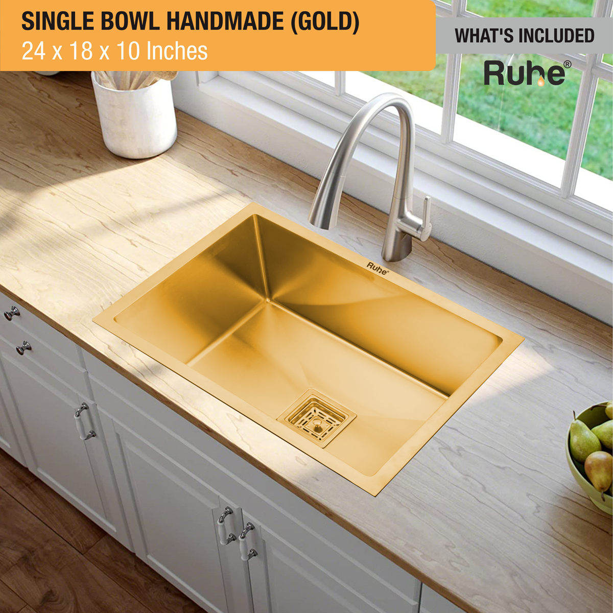 Yellow Gold Handmade Single Bowl Premium Stainless Steel Kitchen Sink ( 24 x 18 x 10 Inches) - by Ruhe®