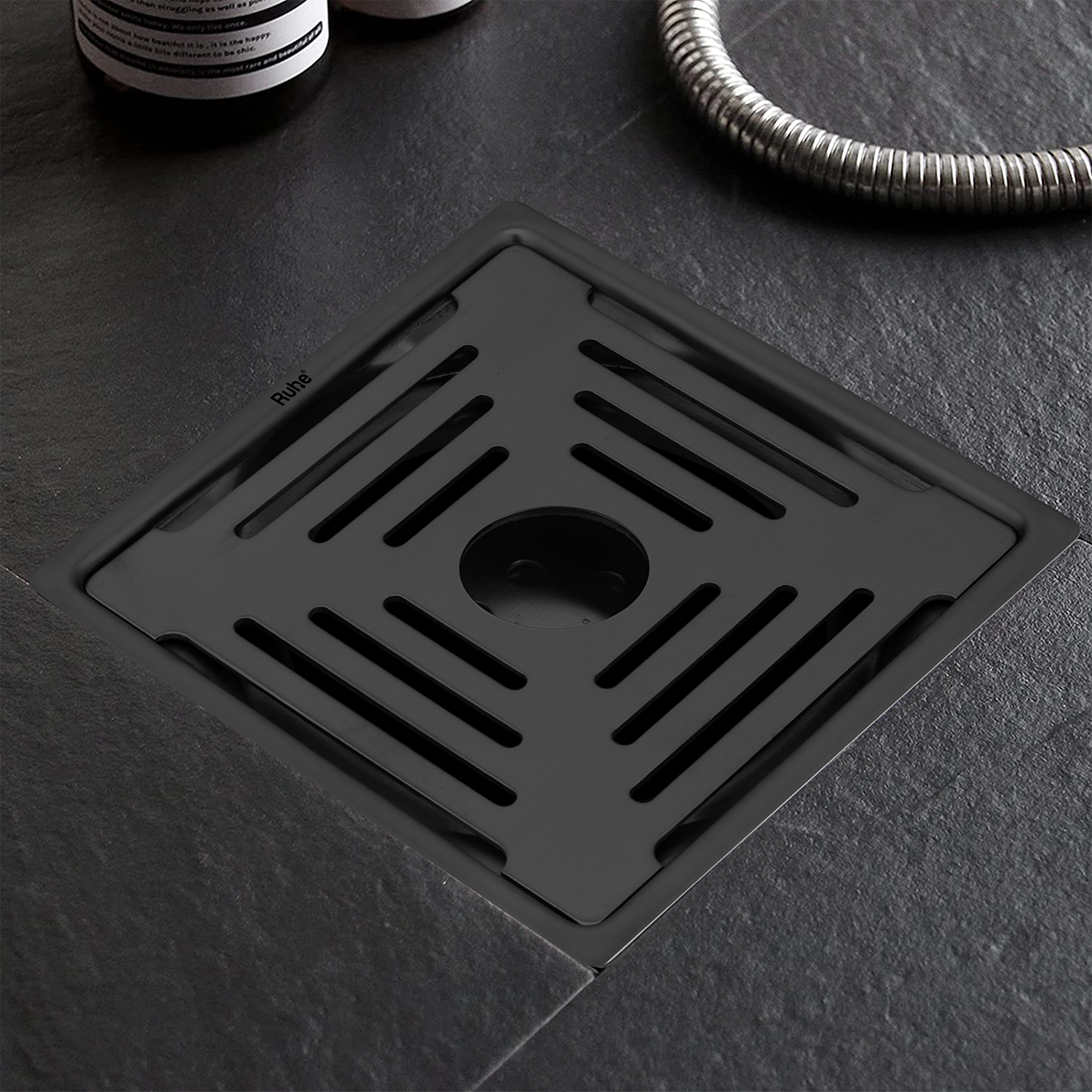 Opal Square 304-Grade Floor Drain in Black PVD Coating (6 x 6 Inches) with Hole - by Ruhe