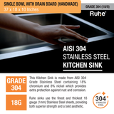 Handmade Single Bowl with Drainboard 304-Grade Kitchen Sink (37 x 18 x 10 Inches) - by Ruhe