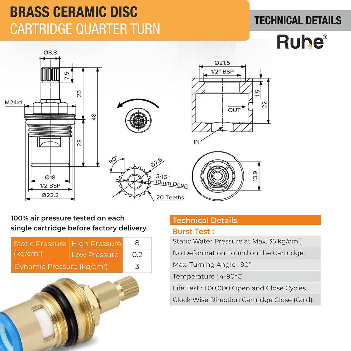 Brass Ceramic Disc Quarter-turn Cartridge (Pack of 4) - by Ruhe®